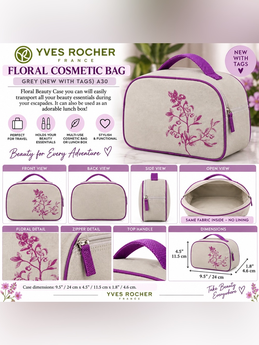 YVES ROCHER FLORAL COSMETIC BAG - GREY (NEW WITH TAGS) A30